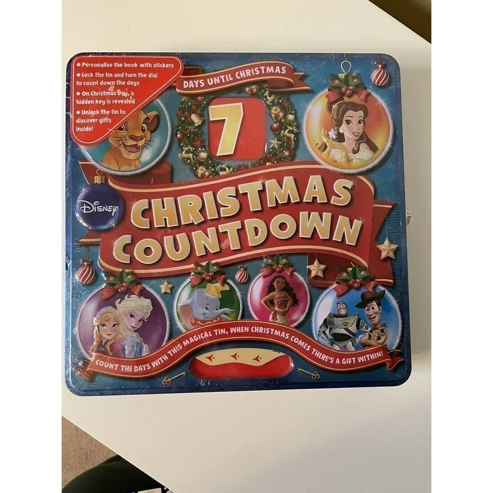 Disney NEW Christmas 7 Day Countdown Tin With Lock Activities Stickers Set